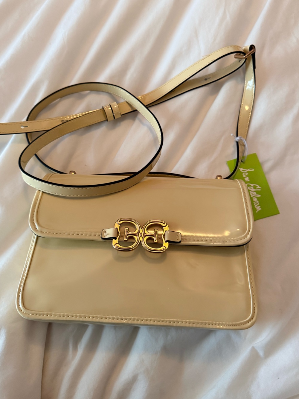 Sam Edelman Cream Patent Shoulder Bag with Gold Hardware